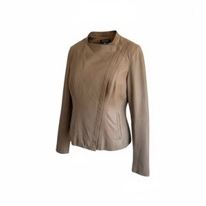 Etcetera Women Brown Genuine Leather Asymmetrical Snap Jacket Size 4 Taupe Moto